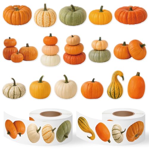 Image of Fall Pumpkin Self Adhesive Easy Peel Sticker for Laptop Scrapbook | 16 Realistic Fall Harvest Designs Waterproof Vinyl Strong Adhesion No Residue for Journals Water Bottles Water Bottle