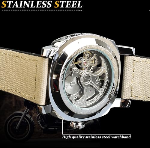 FORSINING Watches for Man, Square Retro Mechanical Watch Self-Wind Carved, Skeleton Automatic Watches Vintage Leather Strap Wristwatch