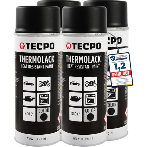 TECPO Vernice spray termica, 4 x 400 ml, vernice per pinze del freno, vernice di scarico, resistente al calore, ad asciugatura rapida, nero opaco, protegge dalla ruggine