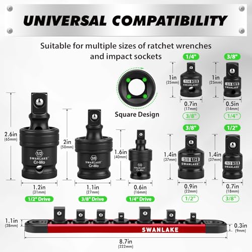 Image of SWANLAKE GARDEN TOOLS 7-Piece Impact Swivel Socket Adapter Set, 1 /4 inch 3 /8 inch 1 /2 inch Drive Universal Joint Socket Set CR-MO Steel, Wobble Joint Sockets Reducer with Magnetic Aluminum Sockets Rail