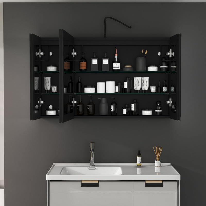 Spiegelschrank mit Beleuchtung 60x100x13.5cm LED Badezimmerschrank, Medizinschrank Badezimmer Hängeschrank mit Spiegel mit 3-Farben Dimmbar, Beschlagfrei Spiegelschrank
