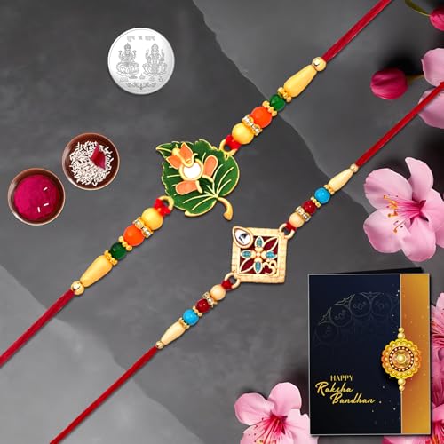 Image of Oblivion Multi-Colour Rakhi Combo Set with Tilak, Pooja Coin and Greeting Card