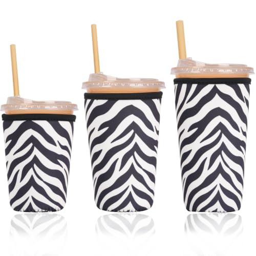 Image of Reusable Insulated Sleeve for Iced Coffee Cup, 3-Pack Coffee Neoprene Drink Sleeve for Cold & Hot Drinks, Beverage Holder for Iced Coffee (Zebra Stripes)