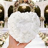 TINGKU Luxury Pearl Heart Ring Bearer Pillow – White Rose Heart Pillow with Satin Ribbon, Wedding Ring Box Alternative for Ceremony