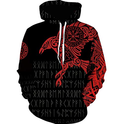 SBRTL Mens Viking Totem Hoodie, Norse 3D Printed Thor's Hammer Tattoos Rune Pullover Sweatshirt,Red Eagle,X Large