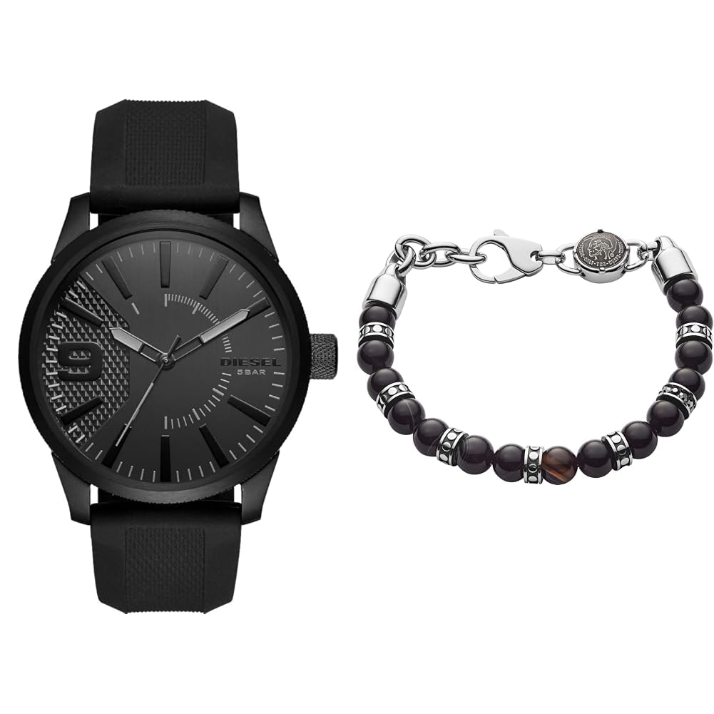 Diesel Hombre Rasp Negro Silicona Reloj y Piedras Semipreciosas Pulsera, Set