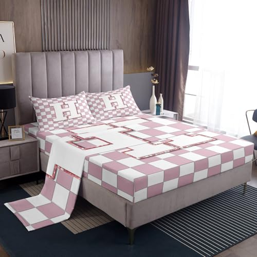 Image of Erosebridal Pink Initial H Bed Sheets Twin Kawaii Plaid Checkered Sheet Set Cute Personalized Monogram Bedding Set for Kids Girls Teen Women,Fashion Grids Gingham Fitted Flat Sheets 3 Piece