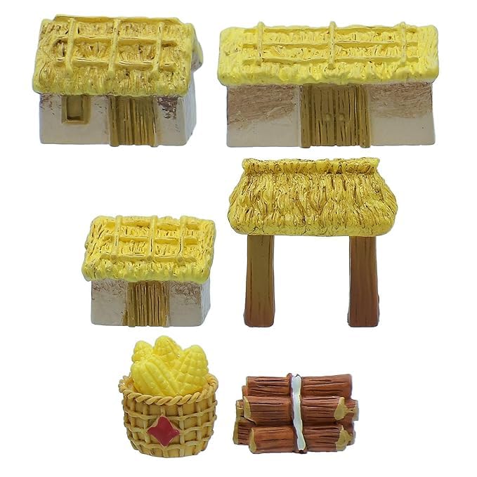 Miniature 6 Piece Set, Rustic Thatched Roof Cottages, Wooden Hut Models with Corn Basket and Log Bundle, Fairy Garden Accessories, Village Diorama Decoration-image-38