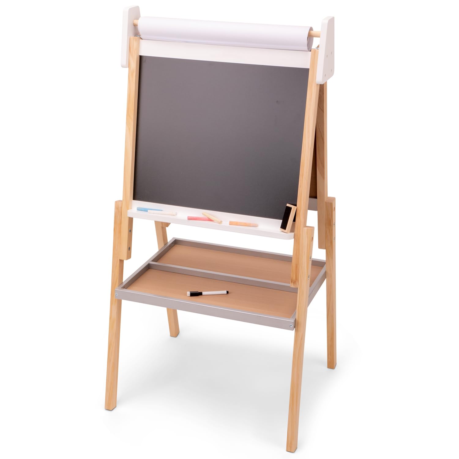 Woet® Caballete de Juguete Blanco y Gris de Madera para Niños - Pizarra Doble Todo en Uno - Dibujo y Juego Creativo - A Partir de 3 Años