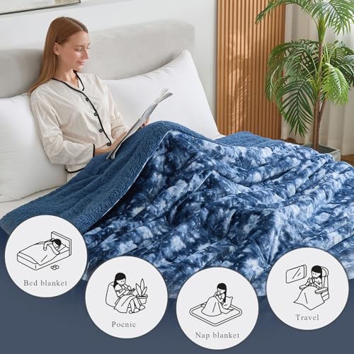 CHOSHOME Sherpa Fleece Blanket- Thick Warm Blanket for Winter, Soft Fuzzy Plush Blanket for Bed, Couch, Travel (Tie Dye Blue, Oversized King 96" x 120")