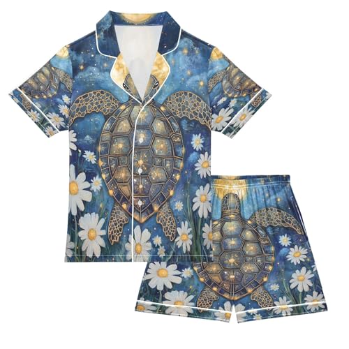 ALAZA Sea Turtle Daisy Flower Blossom Satin Pajamas Set Short Sleeve Button Down Sleepwear Summer Pjs 2 Piece