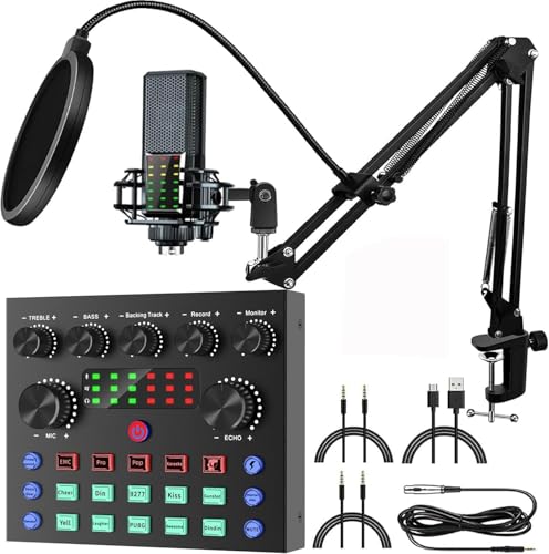 Sicomne Audio Interface Podcast Equipment Bundle, All-in-One DJ Mixer Audio Streaming Podcast Microphone Studio Condenser Mic Kit Gaming PC Phone Karaoke Recording Voice Changer V8S plus