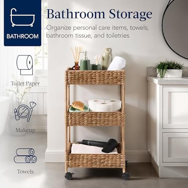 Best Choice Products 3-Tier Water Hyacinth Rolling Nursery Caddy w/Wheels, Utility Cart, Storage Organization for Bathroom, Craft Room, Laundry Room¨C Chestnut-2ylDAuvp