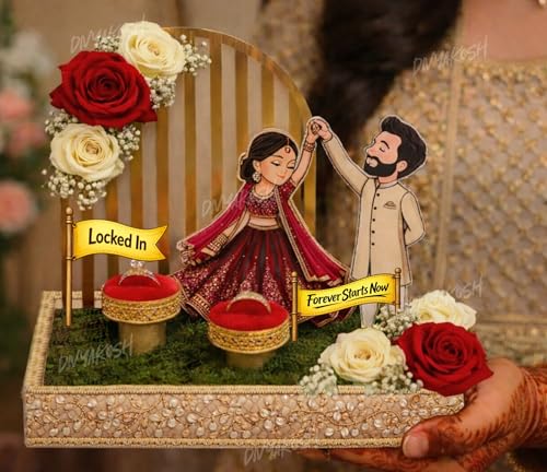 Image of Divyakosh Wedding Platter for Marriage | DIY Ring Ceremony Tray Set with Bride Groom Cutout, MDF Decor, Ring Holders, Floral Tray, Banner & Accessories Kit