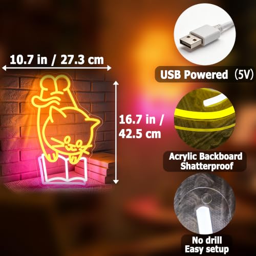Image of Cat Read BookNeon Sign for Wall Decor Light Up Sign Led Signs for Room Party Home Wall Decor USB Powered