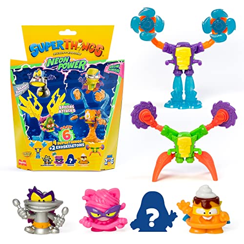 SUPERTHINGS Serie Neon Power, Incluye 1 capitán Plateado y 2 Exoskeletons