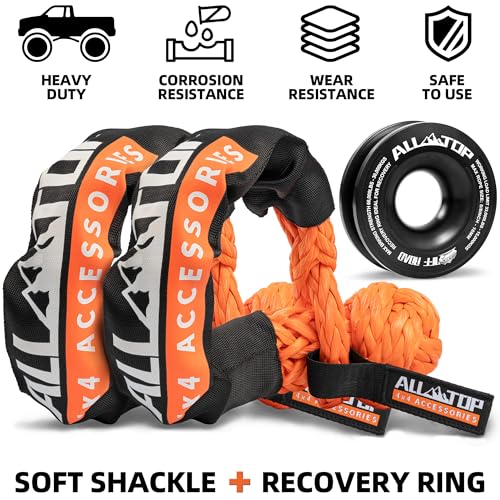 Image of ALL-TOP Synthetic Soft Shackle & Recovery Ring Kit (2PCS 1 /2in x 22in - 48300LBS Shackles + 1 Snatch Pulley Ring) for Winch Tackle Pulley System