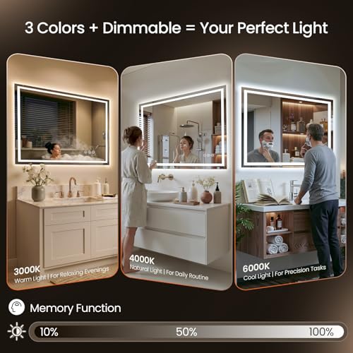 Image of 40x30 LED Bathroom Mirror with Anti-Fog, Backlit & Front Lights, Memory | Dimmable 3 Color CRI 95+ Shatterproof Tempered Glass ETL Listed for Safety Lighted Bathroom Vanity Mirror for Wall