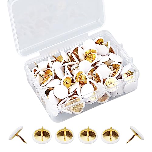 Lot de 150 punaises blanches à tête ronde en métal – Pointes plates en acier doré pour carte, mur photo, tableau en liège
