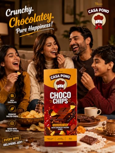 Image of Casa Pono Choco Chips Chocolate Bar with Crunchy Salted Potato Chips | Premium Milk Chocolate | Crispy & Crunchy Snack | Imported from UAE | 200g