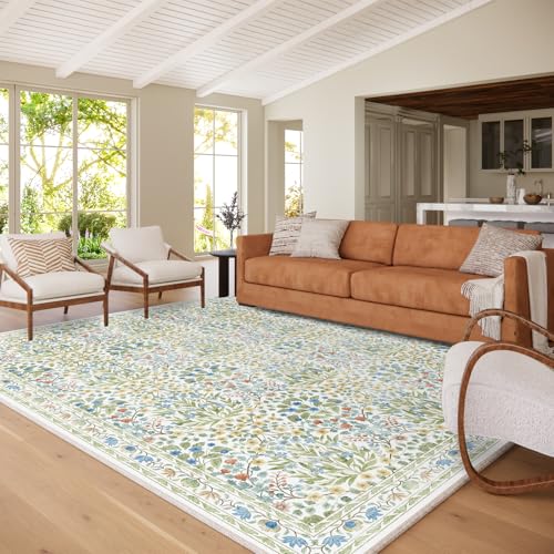 Image of Washable 8x10 Area Rug - Light Green Oriental Design for Living Room, Bedroom, Dining Room & Under Kitchen Table - Stain Resistant, Non-Slip Large Rug