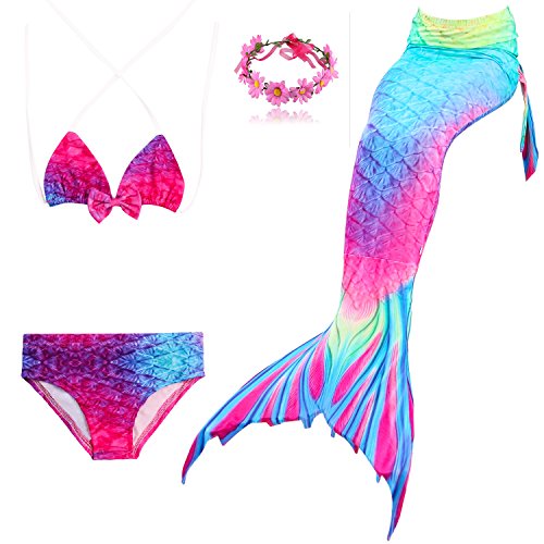 DAXIANG 3 Pièces Maillot de Bain Queue de Sirène Déguisement Princess Enfante (Il y a la Zip Le côté de la Queue,Pouvez pour Ajouter la Monopalme) (130(6-7 Ans), Arc-en-Ciel)