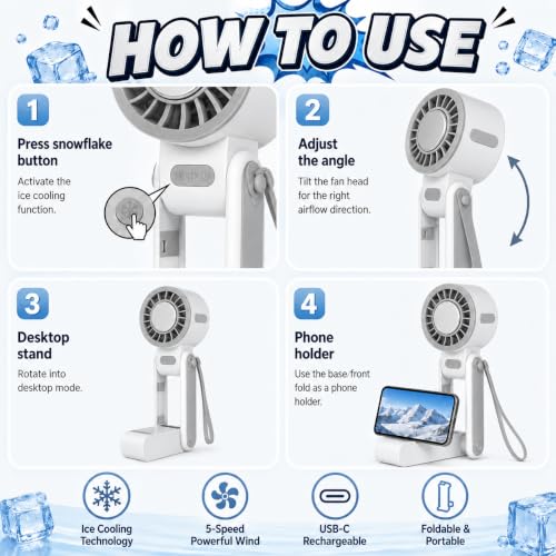 Image of One94Store Ice Cooling Folding Fan, 1800mAh Rechargeable Mini Fan, 5-Speed Portable Personal Fan with Phone Holder, USB Type-C Charging, Foldable Adjustable Design, Lanyard Included, White