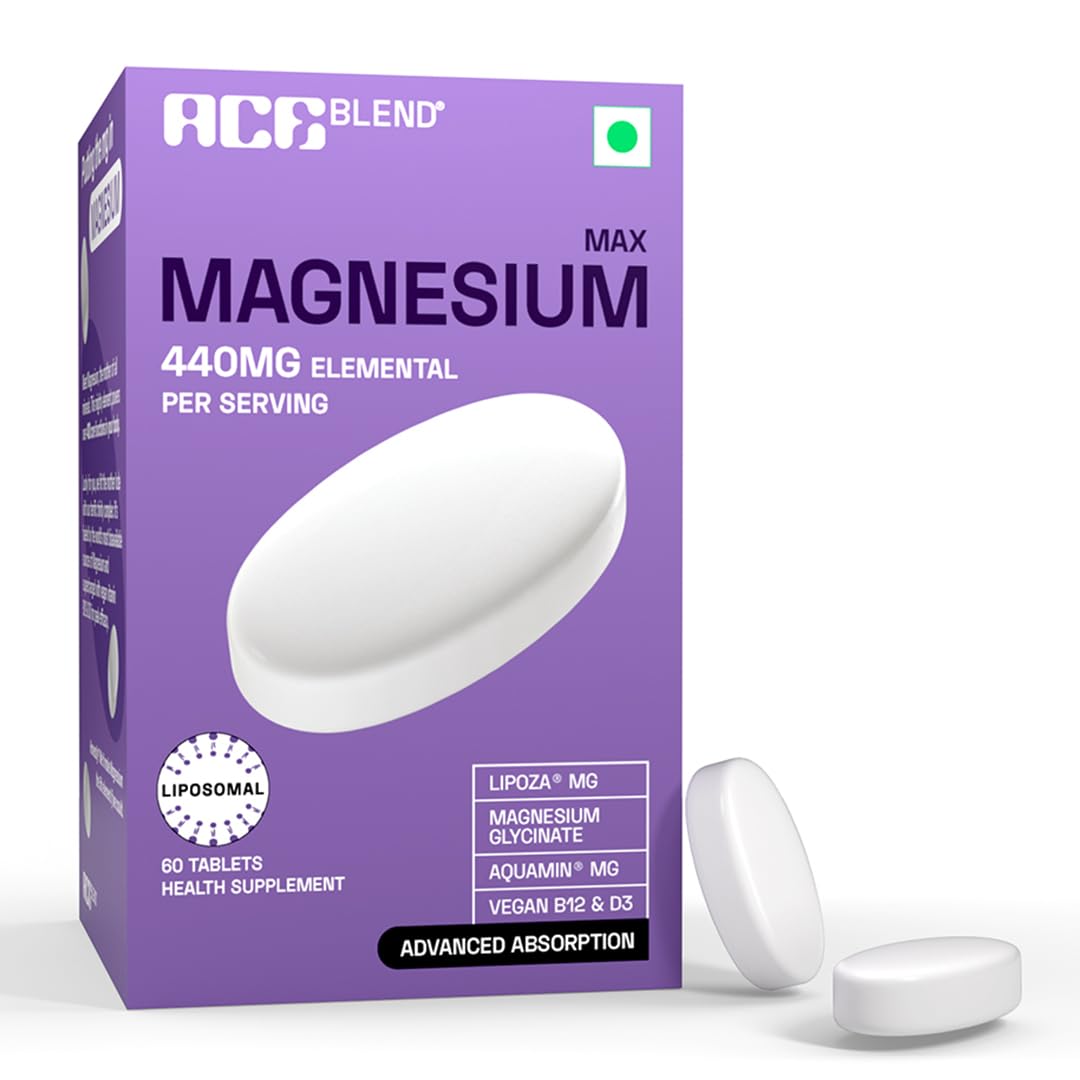 Ace Blend Max Magnesium (60 tablets) | 1600mg Total Salt | 440mg Elemental Magnesium | Calcium, Vegan Vitamin B12 & D3 | Promotes Deep Sleep, Muscle Recovery & Heart Health