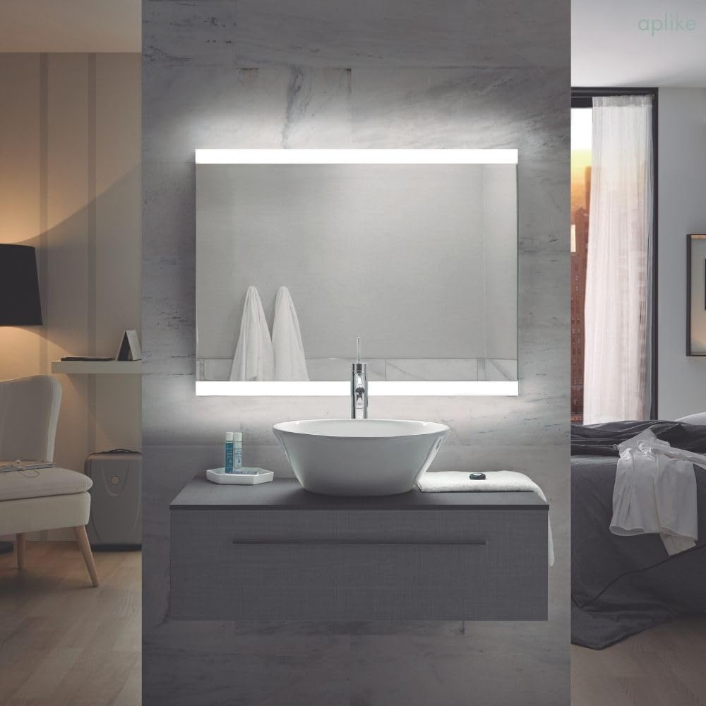 Aplike - Espejo de Baño Rectangular con 2 Tiras de Luz LED - 2 Posiciones (Horizontal y Vertical) - Luz Blanca Fría (5700K) - 80 x 60cm | Modelo Praga