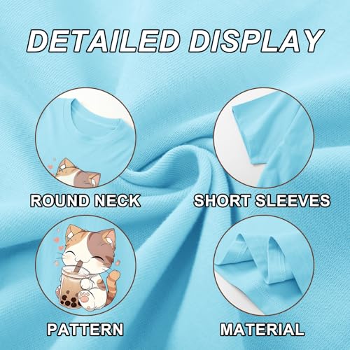 Image of KEEVICI Cute Cat Shirts for Girls Graphic Tees Bubble Tea Tshirt Kids Kawaii Cartoon Animal Print T Shirt Summer Cotton Tops