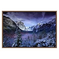 SIGNWIN Framed Canvas Wall Art Brilliant Purple Tint Snowy Mountains with Pine Forest Landscape Wilderness Photography Modern Art Scenic Dramatic for Living Room, Bedroom, Office - 16