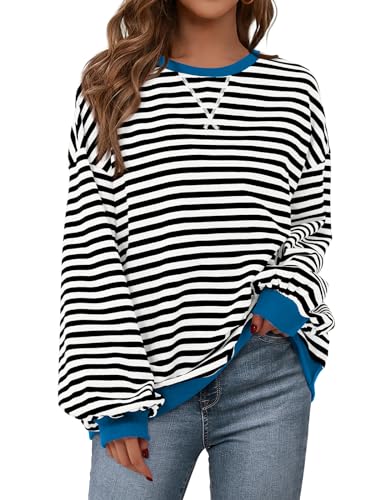 Image of PRETTYGARDEN Womens Striped Oversized Sweatshirt Color Block Crew Neck Long Sleeve Casual Loose Pullover Top Y2K Clothes