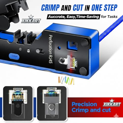 Image of XIKKART Cat7 RJ45 Crimping Tool Kit | Pass Through Ethernet Cable Crimper with Wire Stripper & Cutter | Heavy Duty Network Cable Installtion Crimper Tool for Cat7 Cat6A Cat6 Cat5e Connectors, (Blue)
