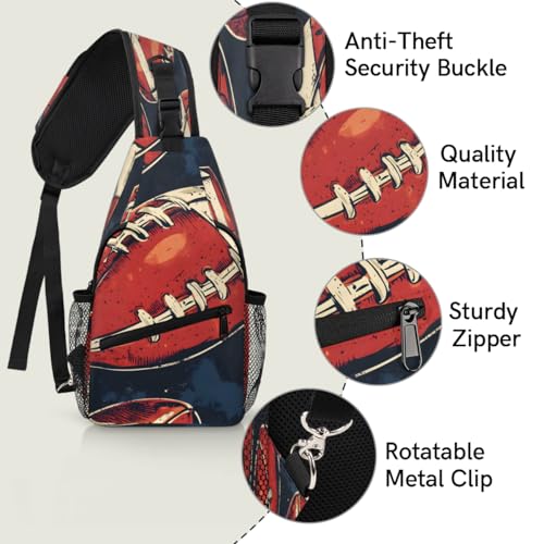 Rugby Ball Sling Bag Crossbody Sling Backpack Hiking Daypack for Men Women Chest Bag for Travel Running Football Print3