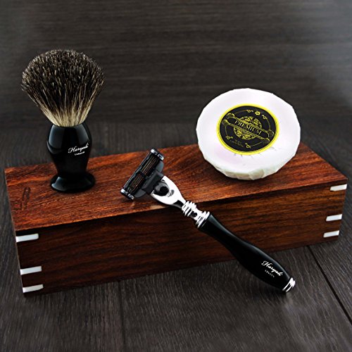 Haryali London 3 Edge Shaving Razor With Black Badger Hair Brush and Soap Perfect Shaving Kit For Mens Comes in Handmade Wooden Box