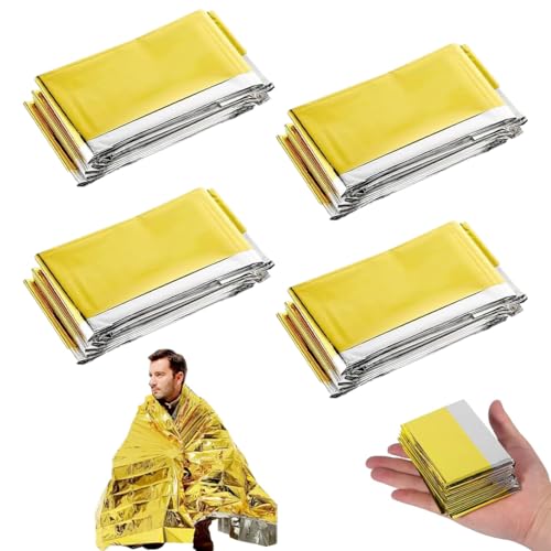 DWFEYOI 4 Pezzi Coperta Termica, Coperta Termica Emergenza Oro Argento, 210×160cm, Coperta Termica Sopravvivenza, per Salvataggio Protegge da Freddo, Pioggia, Calore e Vento, All'aperto