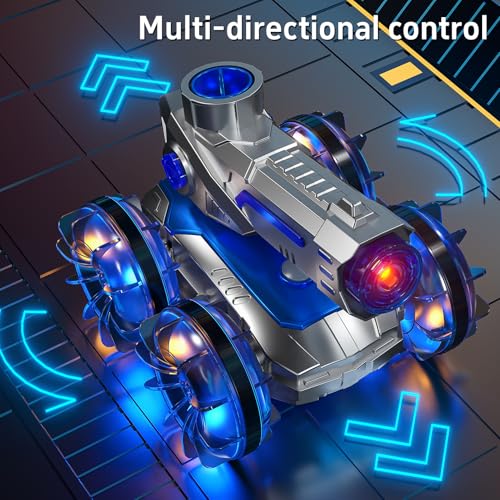 Image of Amphibious RC Stunt Car with Water Gun Lights Waterproof Pool Toy for Kids | 2 in 1 amphibious remote control stunt car, runs smoothly on land & water, works as waterproof rc boat for pool & beach play