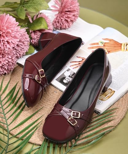Image of JM LOOKS Elegant Double Buckle Block Heels with Glossy Patent Finish and Sophisticated Low Heel for Daily Comfort