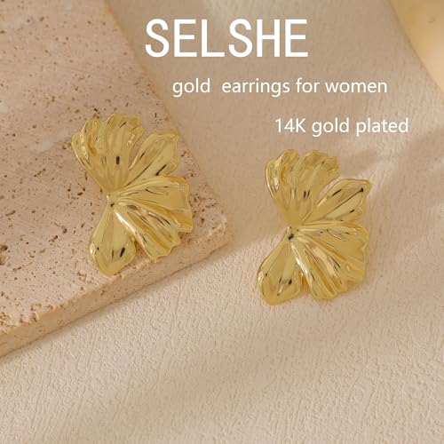 Chunky Gold Earrings for Women,Big Flower Earrings Dainty 14K Gold Plated Dangle Stud Earrings Hypoallergenic Statement Earrings for Women Trendy Chunky Gold Jewelry4