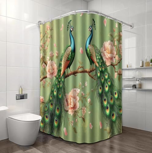 Rideau de douche paon 180x200 cm imperméable en tissu polyester avec 12 crochets