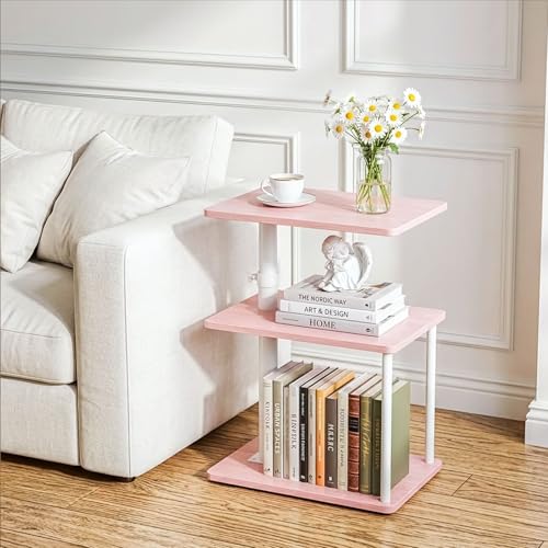 Image of Faesun Swivel Side Table for Couch Arm, Adjustable C End Table for Recliner or Bed, Tv Trays with Storage Shelf for Small Spaces Small Nightstand Table for Living Room, Bedroom,Pink