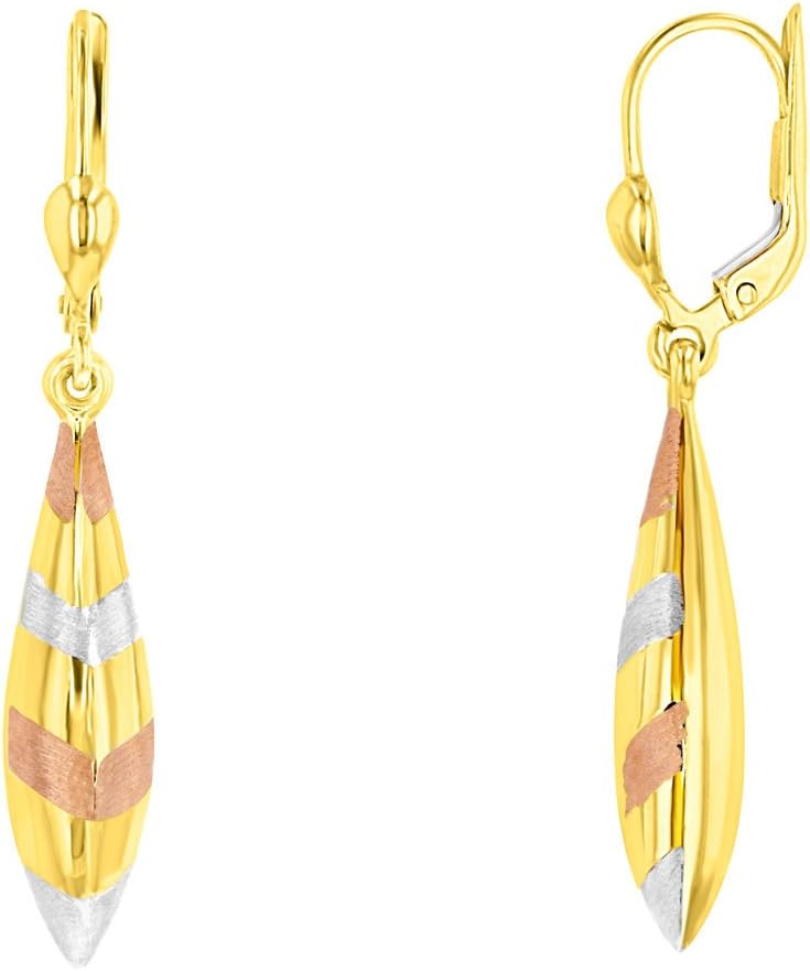 14k Yellow Gold Tri-Color Teardrop Dangle Drop Earrings, 6mm