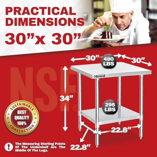 Image of DuraSteel 30x30 Stainless Steel Work Table - NSF Commercial Prep Metal Table - Outdoor Pizza Oven Stand w /Under Shelf - Kitchen Island Laundry Utility Garage Microwave Stand Large Rolling Storage Cart