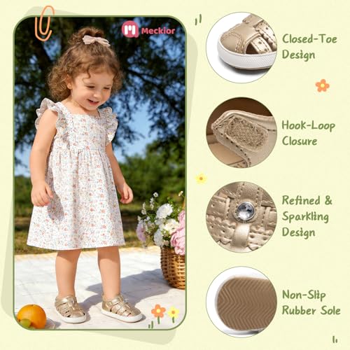 Image of Meckior Baby Toddler Infant Girls PU Leather Soft Open Toe Summer Sandals Flower Princess Flat Shoes