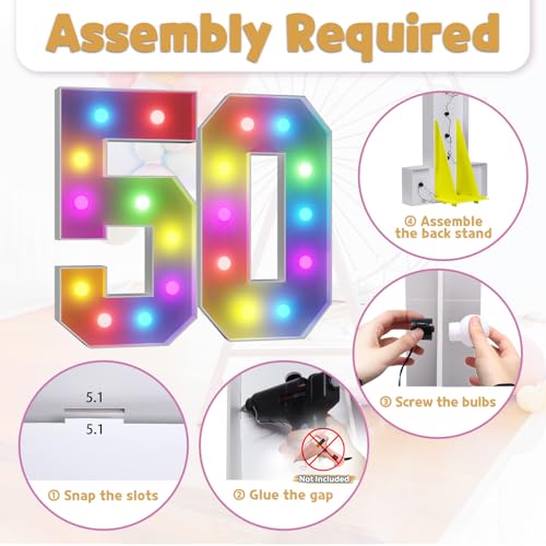 Image of Imprsv Colorful 4FT Marquee Numbers Light up Numbers 50 Birthday Decoration | RGB with Remote, Party Decorations Anniversary Wedding Decorations Assembly Required Foam Board 42 Pcs Accessory Set