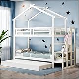Racxily Litera con Cama Nido,Cama Infantil 90 x 200 cm con Escalera portaobjetos, Estructura de la litera de Madera Maciza, literas Juveniles con somier de láminas, Blanco