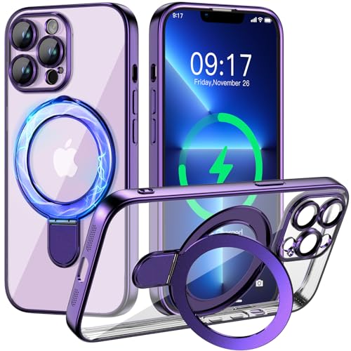 Image of Magnetic for iPhone 13 Pro Max Case with Invisible Stand[Compatible with MagSafe][Full Camera Lens Protector][Military Drop Protection] Shockproof Not Yellowing Clear Slim Soft for Women Men