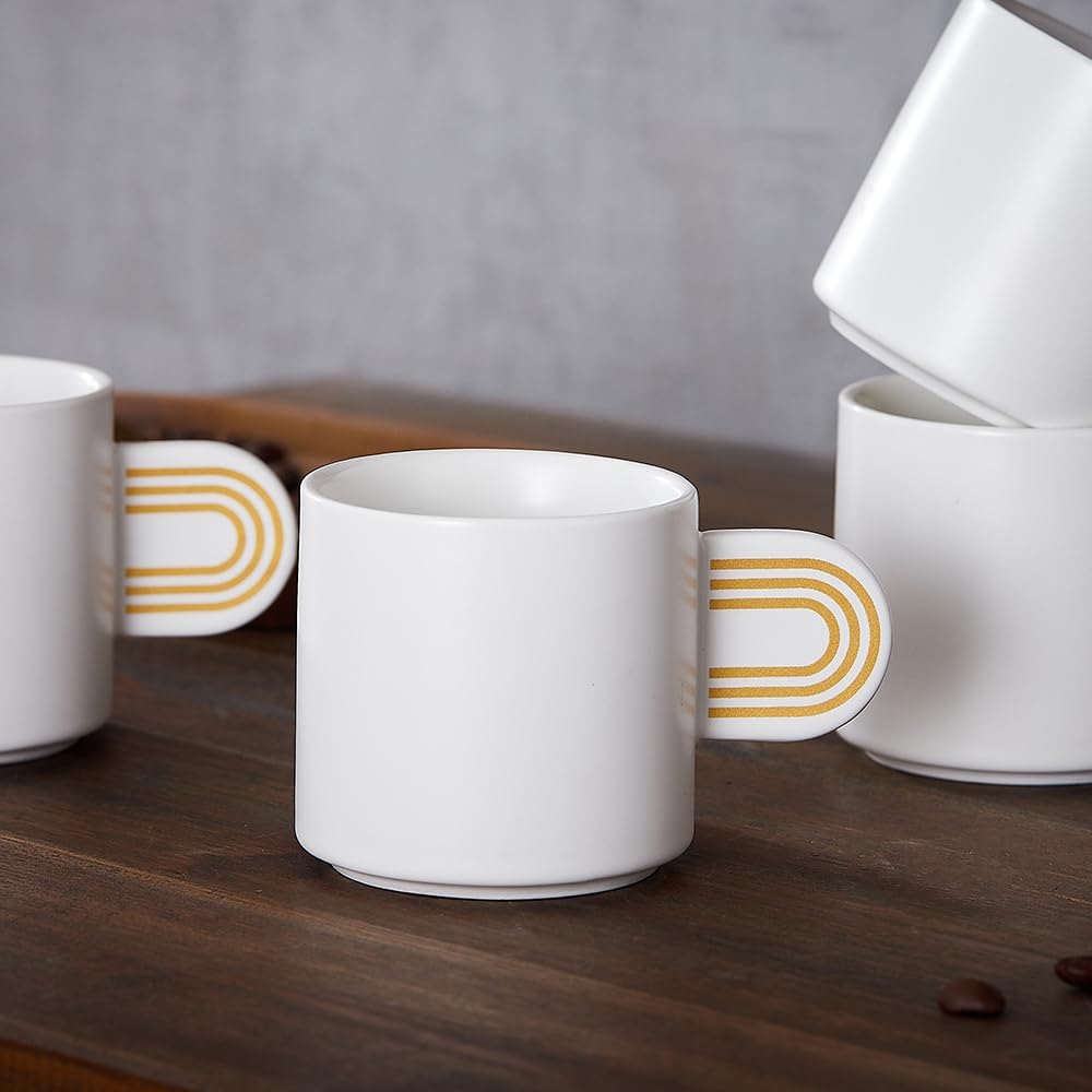 Coffeezone Set of 6 Mini Tea Coffee Demitasse Cups with Handles, 4.5 oz Ceramic Espresso Mug Set (White/Gold decal)