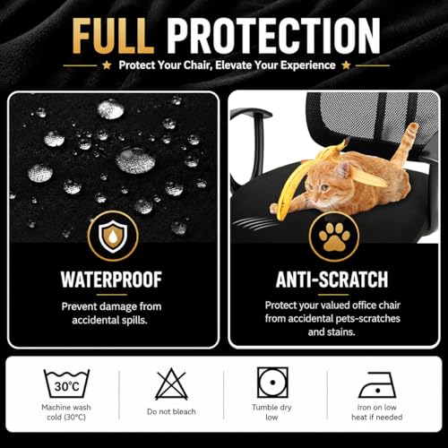 Image of Water-resistant Stretchable Desk Office Chair Seat Cushion Covers - Universal Spandex Computer Chair Slipcover - Removable Washable Rotating Backrest Coverings & Cushion Protectors for Dogs, Cats