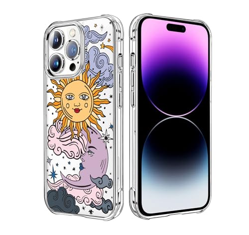 Sun Moon Compatible with iPhone 14 Pro Max, Cute Design Clear Back Case Cover, Transparent Soft TPU Bumper Shockproof Protective Phone Case Cover